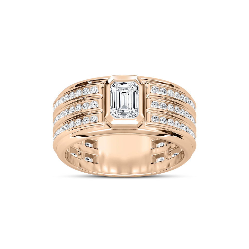 Grayson 1 ¼ ctw Emerald and Round LGD 10.40mm Channel Set Mens Wedding Band - 14K Rose Gold