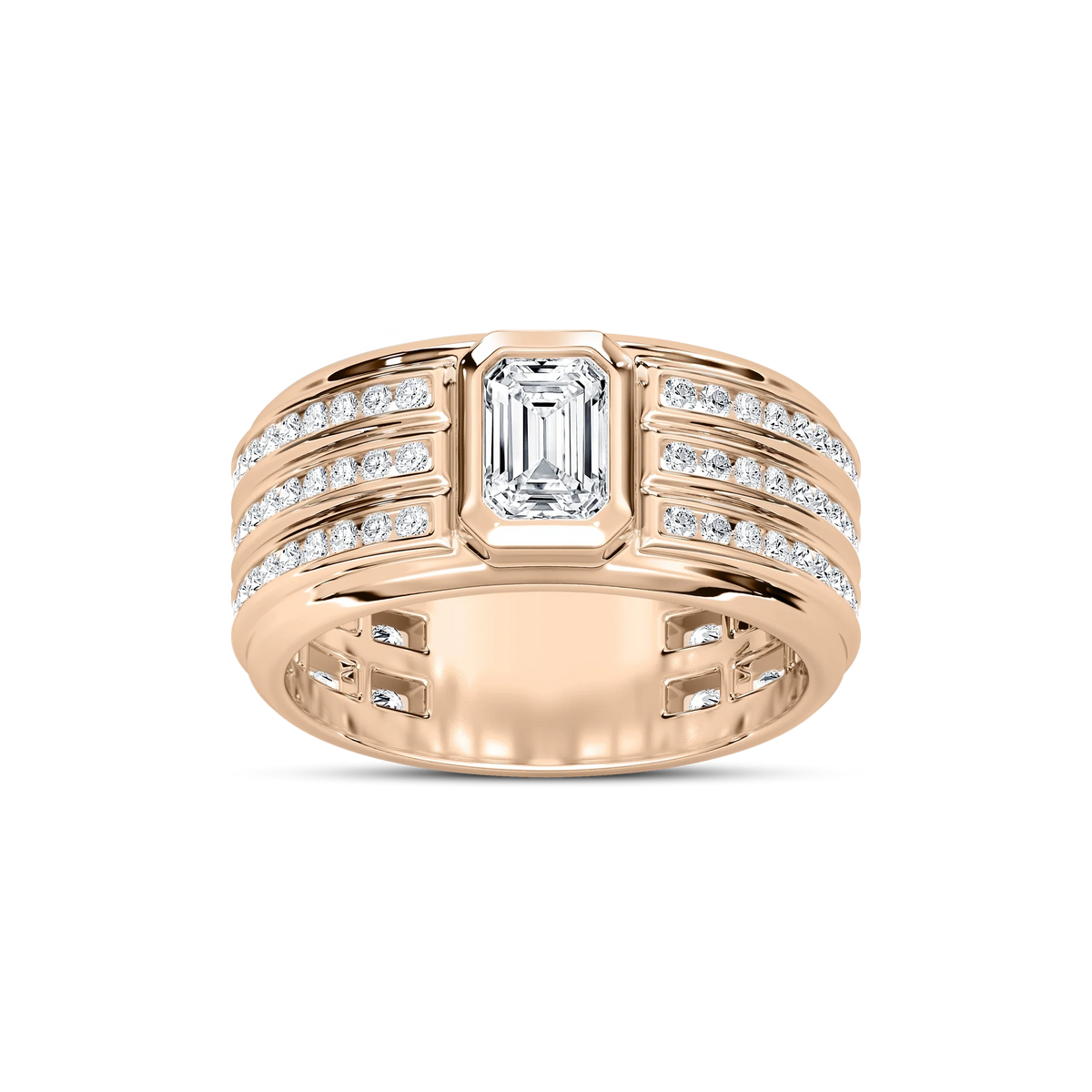 Grayson 1 ¼ ctw Emerald and Round LGD 10.40mm Channel Set Mens Wedding Band - 14K Rose Gold