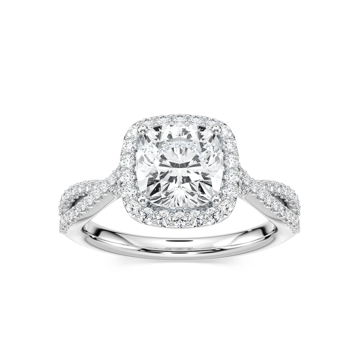 Emily Cushion LGD Twisted Split Shank Halo Engagement Ring - 14K White Gold
