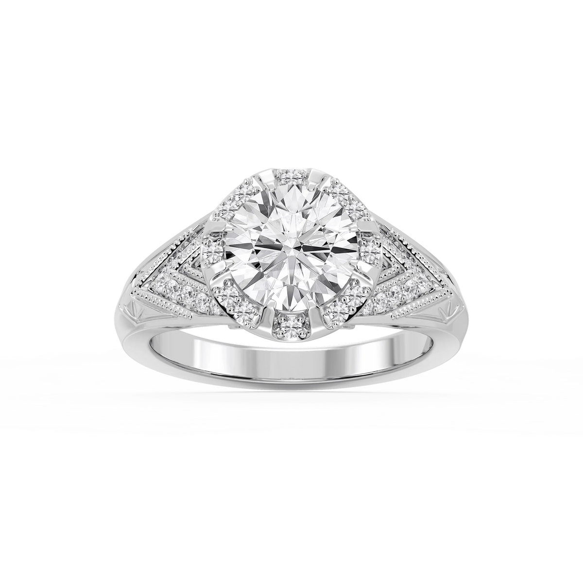 Faith Round LGD Vintage Eight Prong Halo Engagement Ring - 14K White Gold / 2 ctw