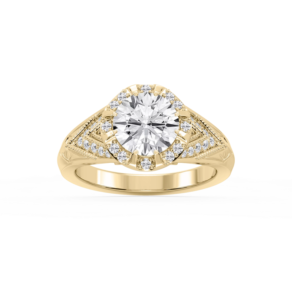 Faith Round LGD Vintage Eight Prong Halo Engagement Ring - 14K Yellow Gold / 4 ctw
