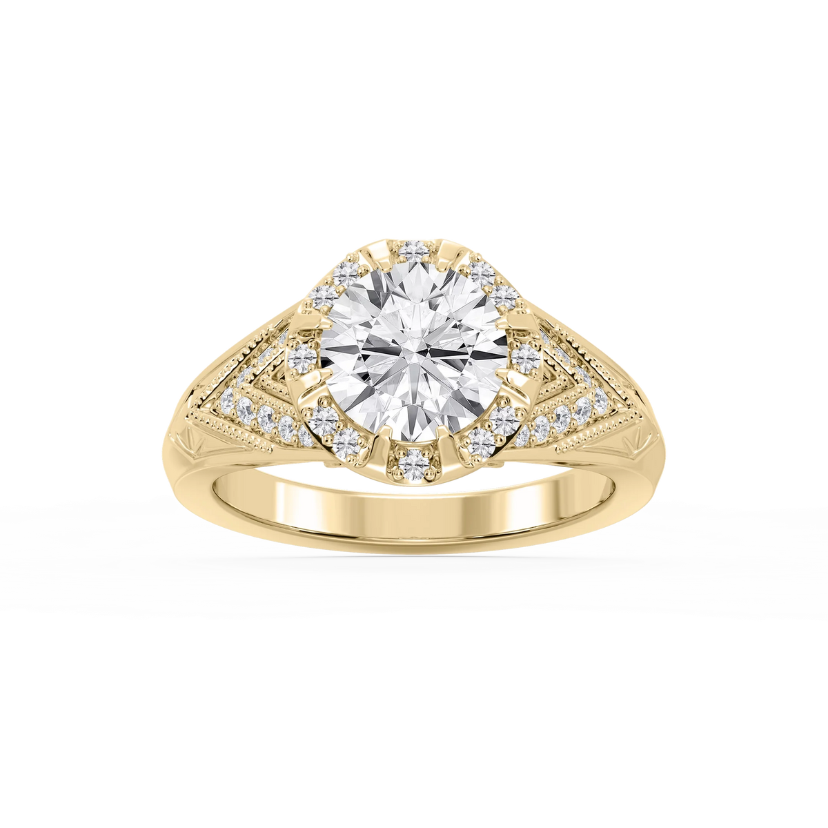 Faith Round LGD Vintage Eight Prong Halo Engagement Ring - 14K Yellow Gold / 5 ctw