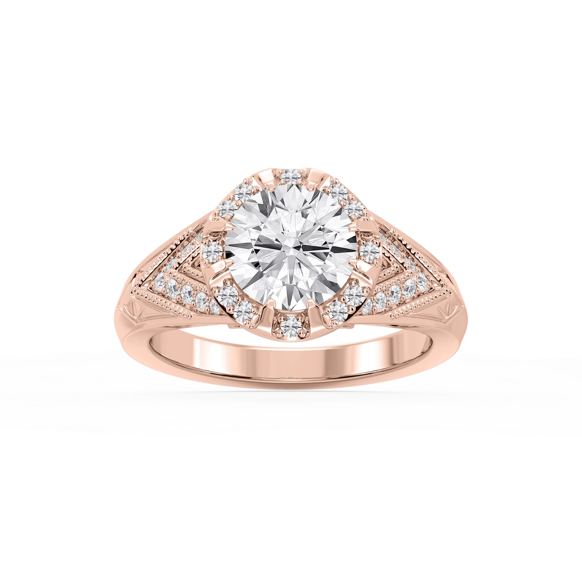 Faith Round LGD Vintage Eight Prong Halo Engagement Ring - 14K Rose Gold / 5 ctw