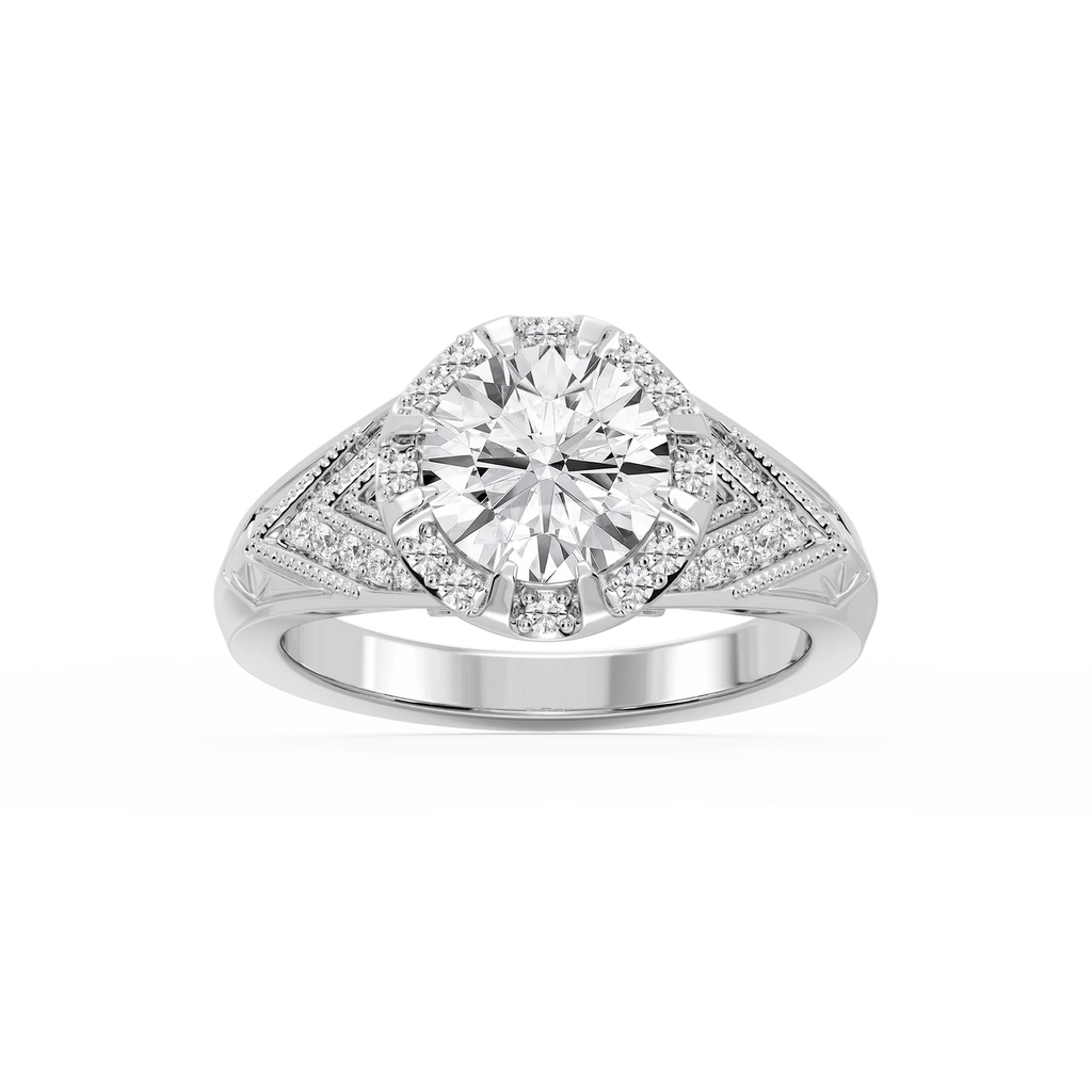 Faith Round LGD Vintage Eight Prong Halo Engagement Ring - 18K White Gold / 2 ctw