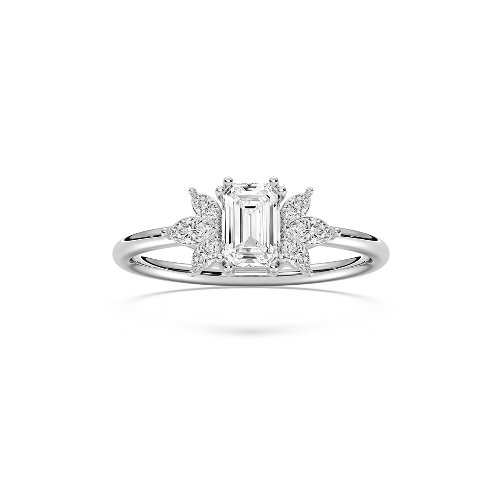 Fia 7/8 ctw Emerald LGD Petite Flower Side Stone Promise Ring - 14K White Gold