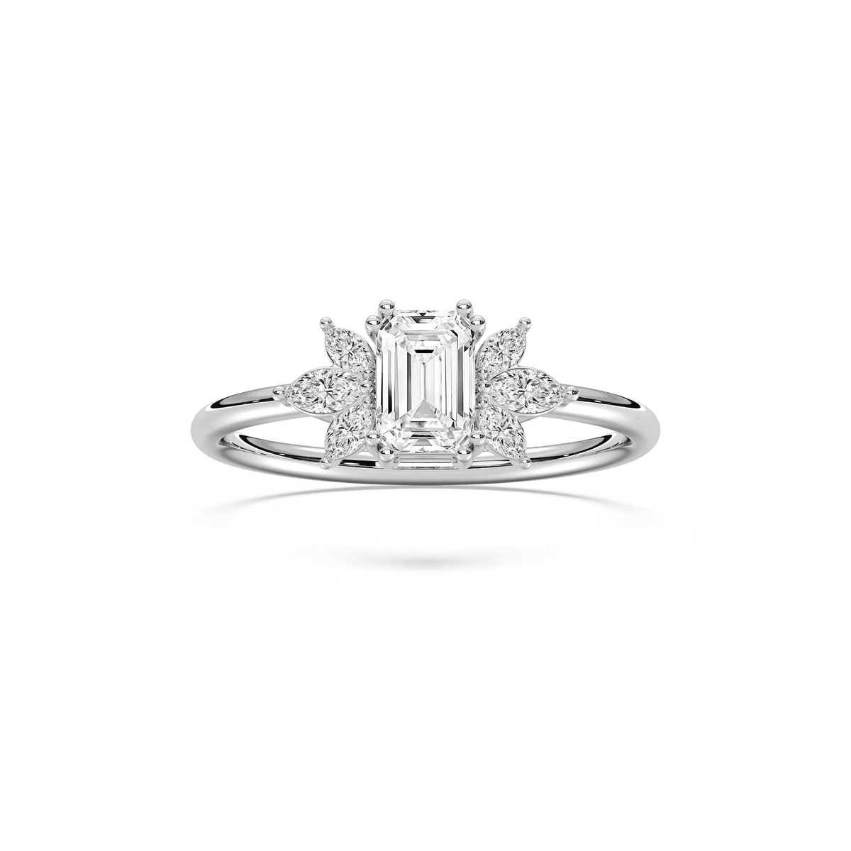 Fia 7/8 ctw Emerald LGD Petite Flower Side Stone Promise Ring - 14K White Gold
