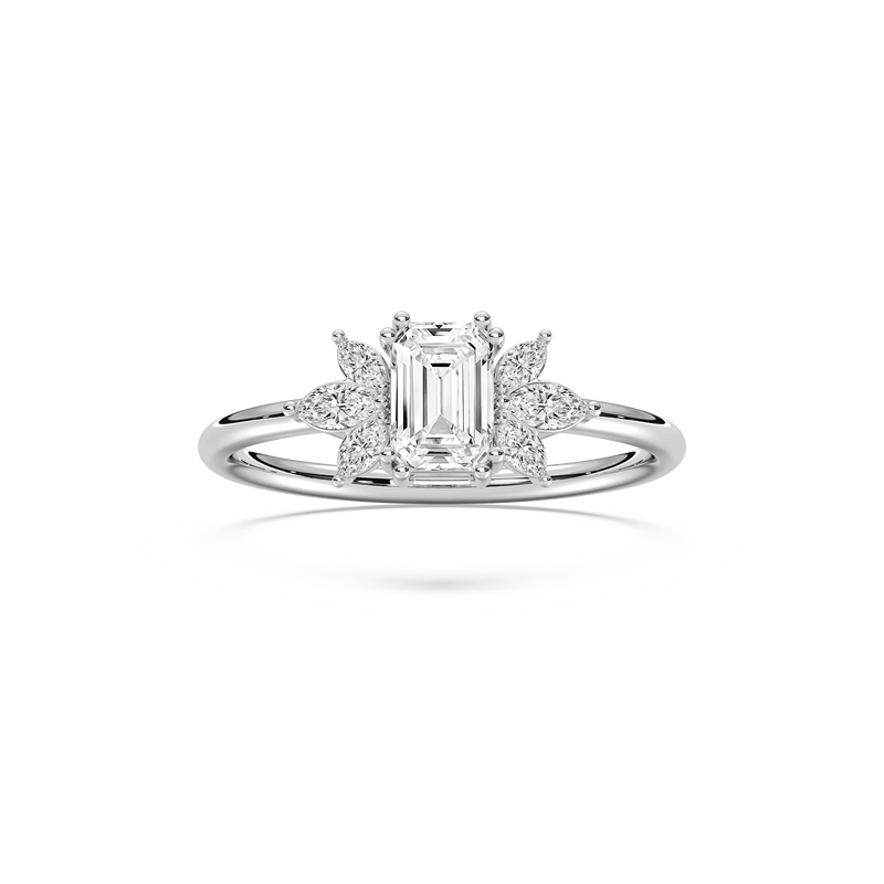Fia 7/8 ctw Emerald LGD Petite Flower Side Stone Promise Ring - 14K White Gold