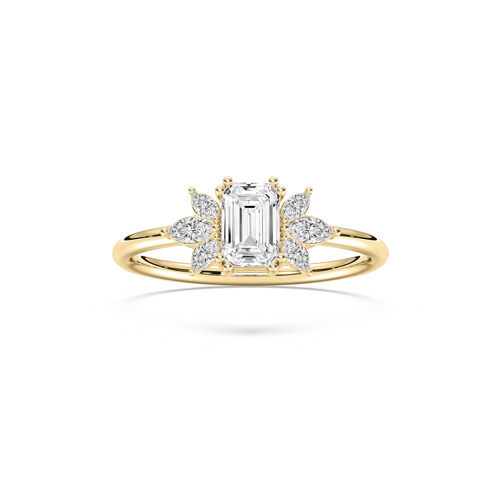 Fia 7/8 ctw Emerald LGD Petite Flower Side Stone Promise Ring - 14K Yellow Gold