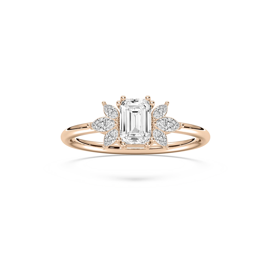 Fia 7/8 ctw Emerald LGD Petite Flower Side Stone Promise Ring - 14K Rose Gold