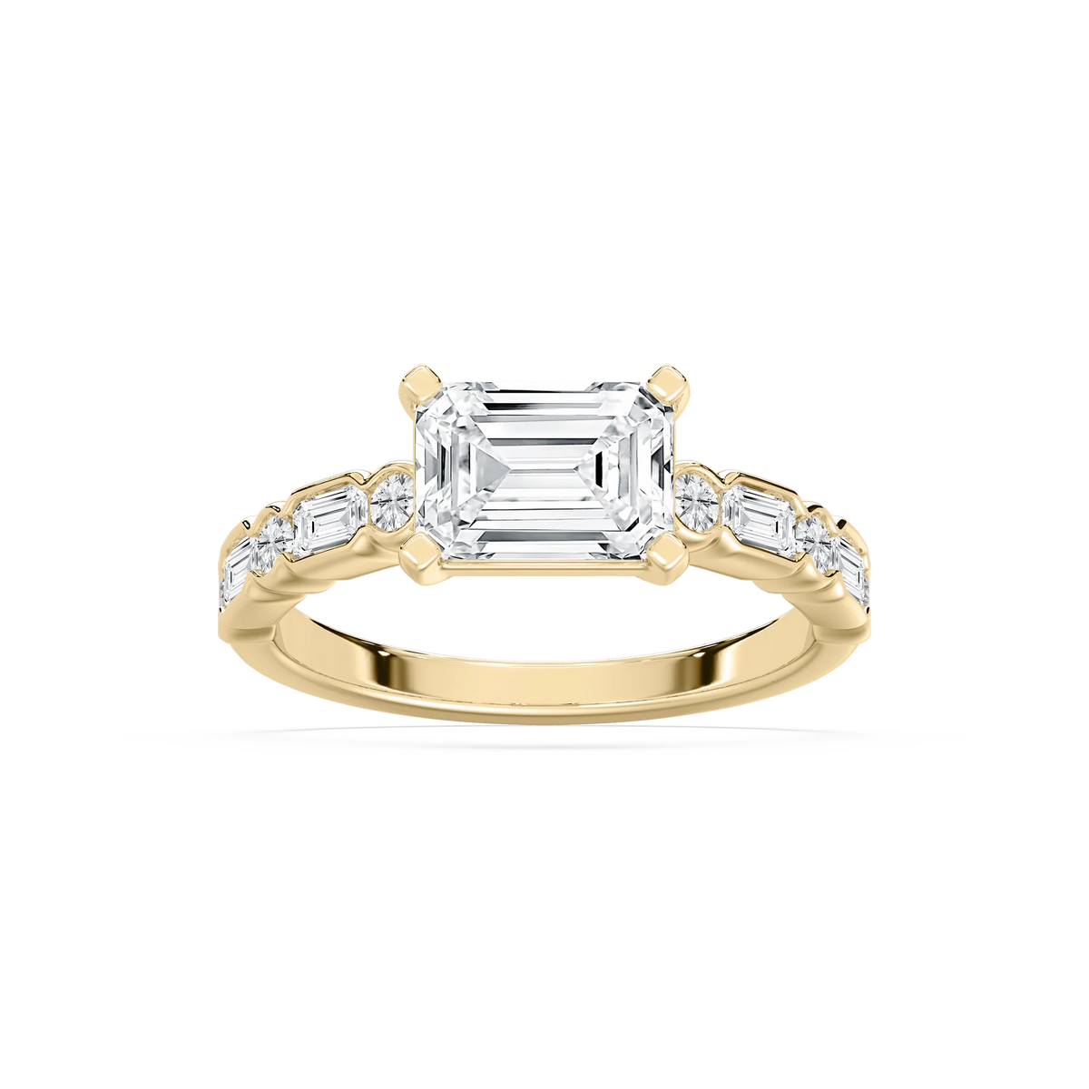 Finley 2 ³⁄₄ ctw Emerald LGD East West Side Stone Engagement Ring - 14K Yellow Gold / F-VS2