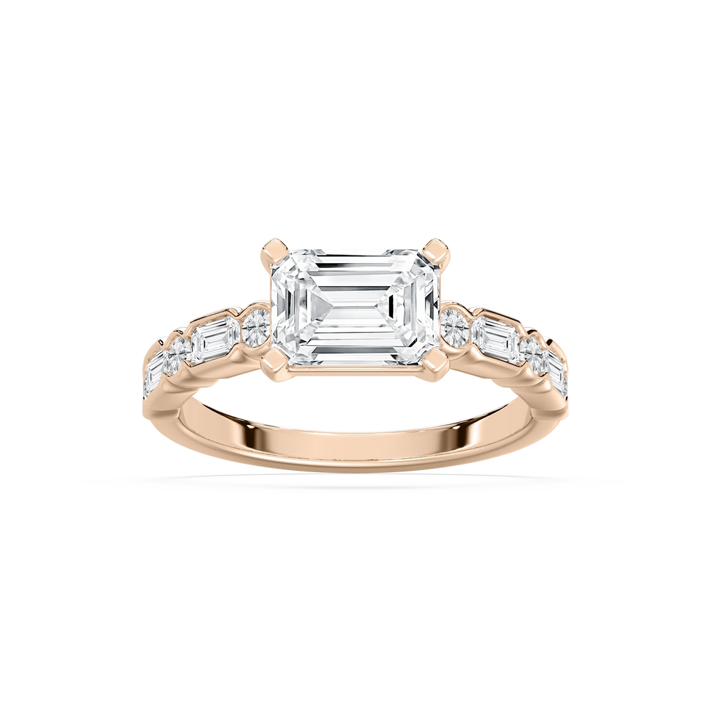 Finley 2 ³⁄₄ ctw Emerald LGD East West Side Stone Engagement Ring - 14K Rose Gold / F-VS2