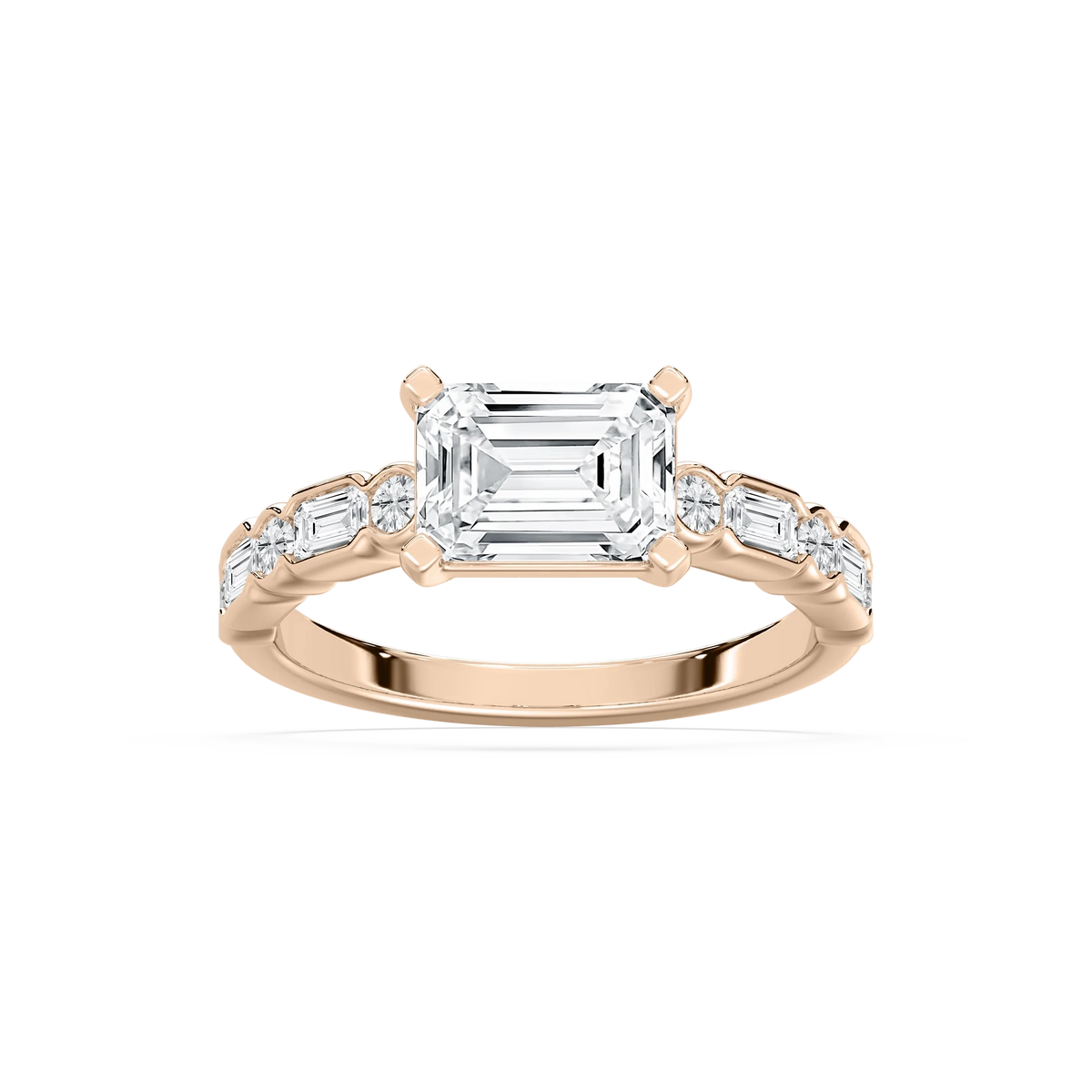 Finley 2 ³⁄₄ ctw Emerald LGD East West Side Stone Engagement Ring - 14K Rose Gold / F-VS2