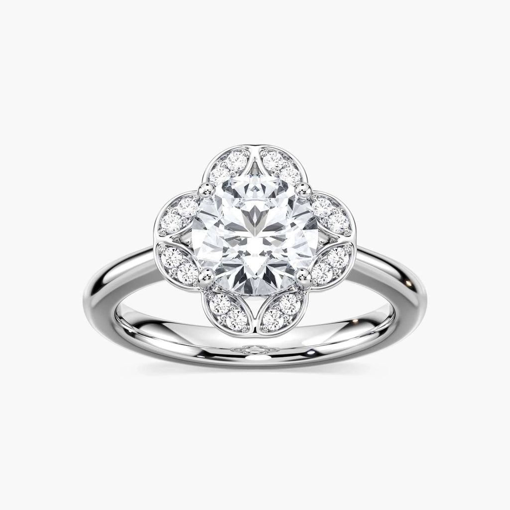 Grace Round LGD Vintage Floral Halo Engagement Ring - 14K White Gold