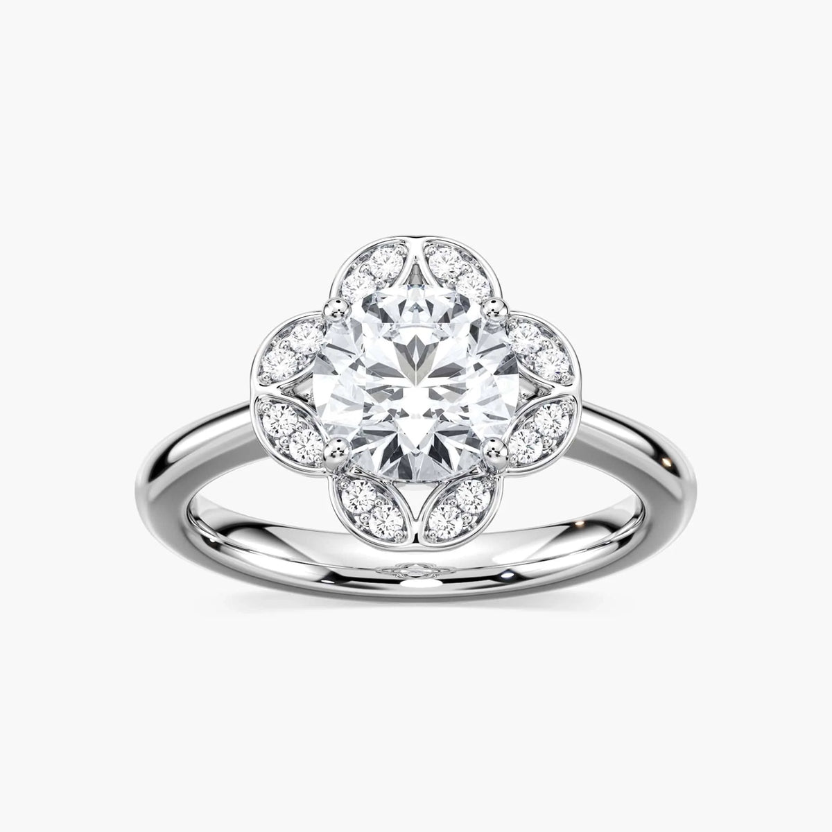Grace Round LGD Vintage Floral Halo Engagement Ring - 14K White Gold