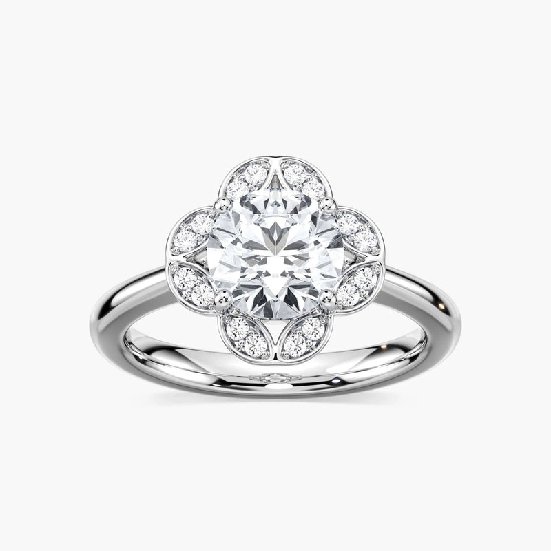 Grace Round LGD Vintage Floral Halo Engagement Ring - 14K White Gold