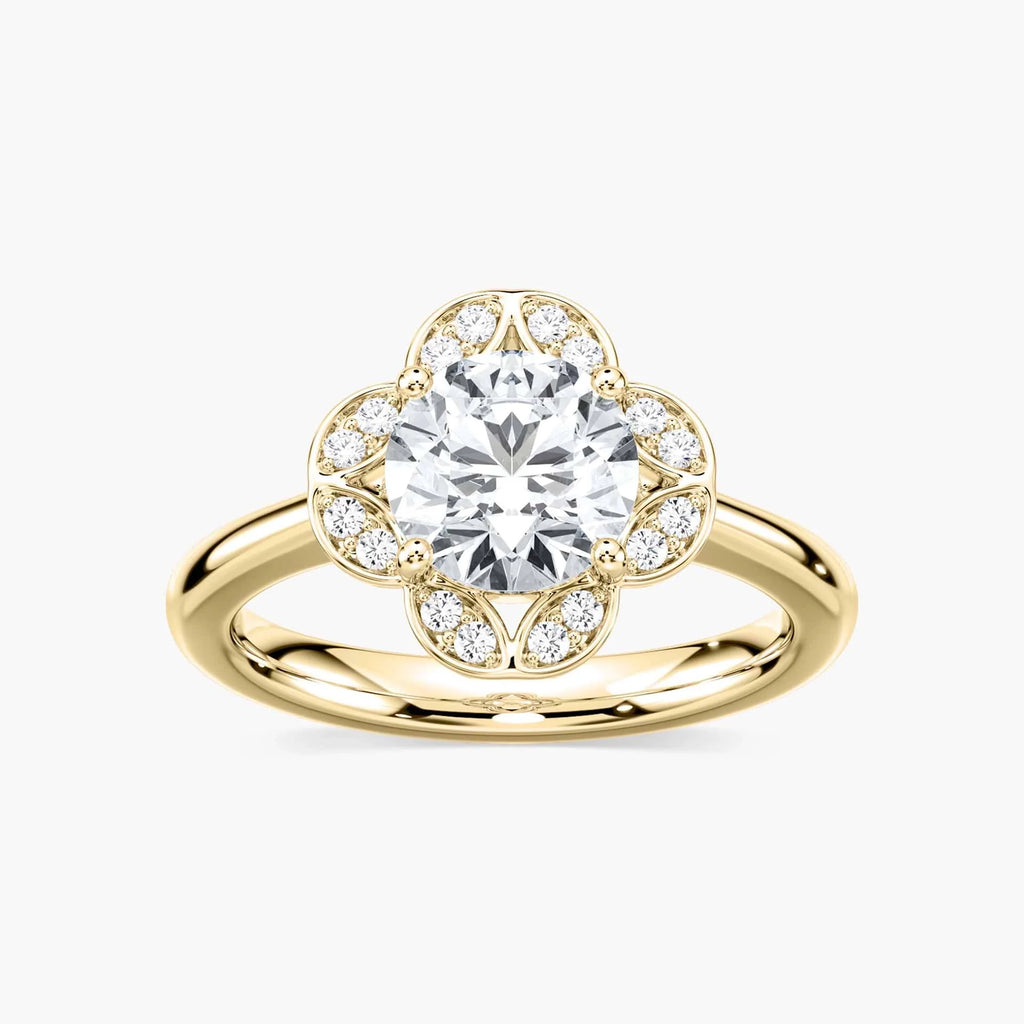 Grace Round LGD Vintage Floral Halo Engagement Ring - 18K Yellow Gold