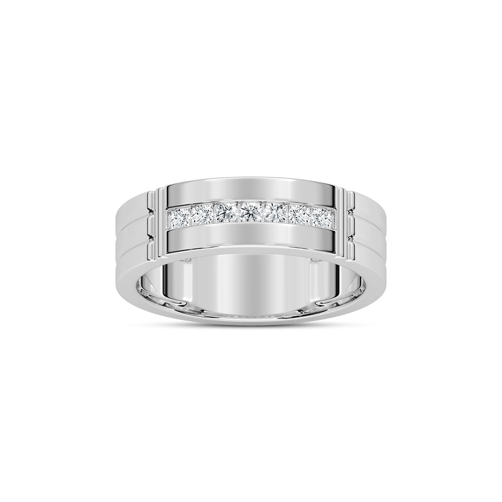 Robbie 1/5 ctw Round LGD 6.10mm Grooved Channel Mens Wedding Band - 14K White Gold