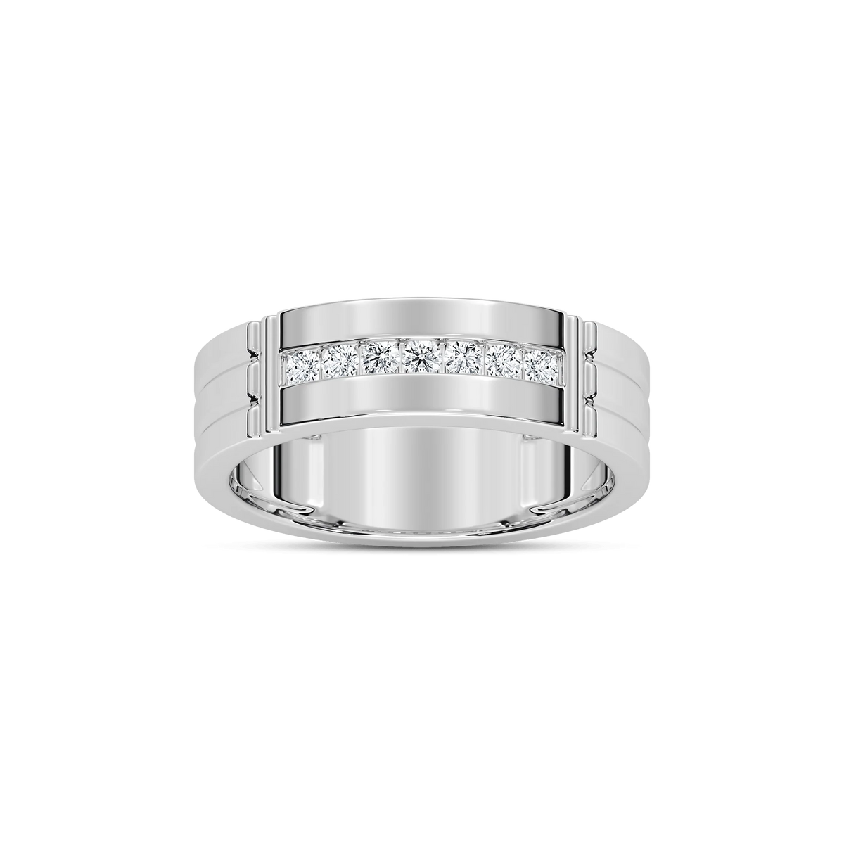 Robbie 1/5 ctw Round LGD 6.10mm Grooved Channel Mens Wedding Band - 14K White Gold