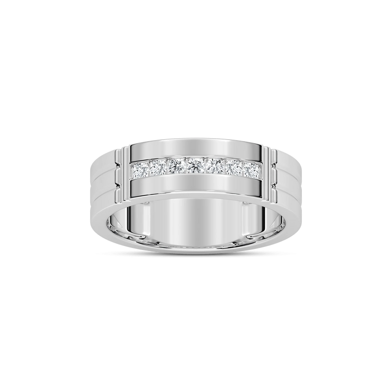 Robbie 1/5 ctw Round LGD 6.10mm Grooved Channel Mens Wedding Band - 14K White Gold