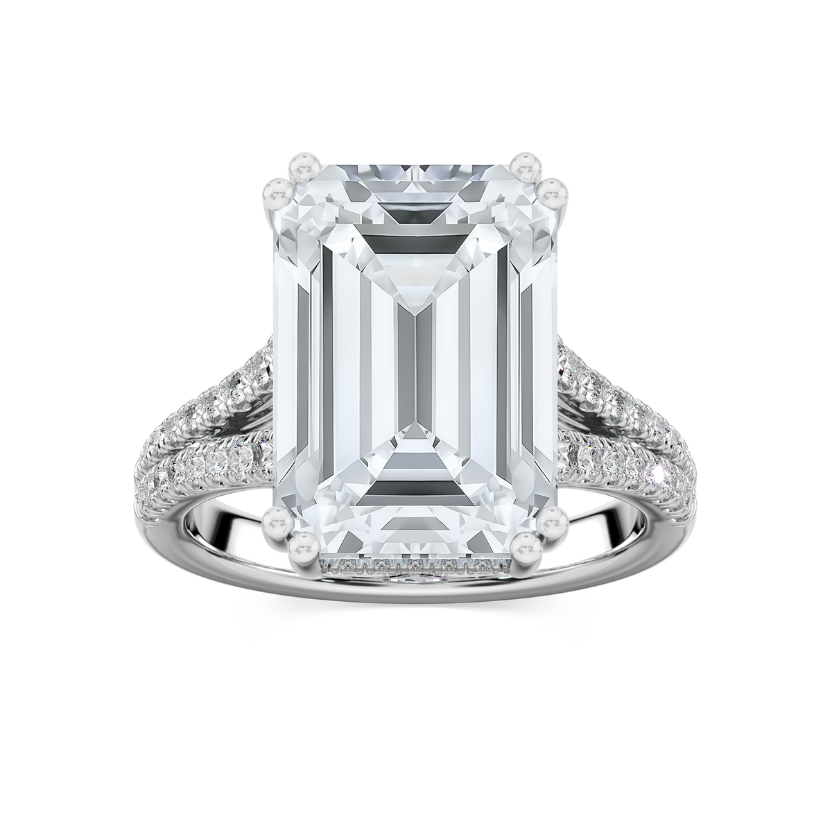 Hallie 10 ¾ ctw Emerald LGD Split Shank Side Stone Engagement Ring - Signature Collection - 14K White Gold