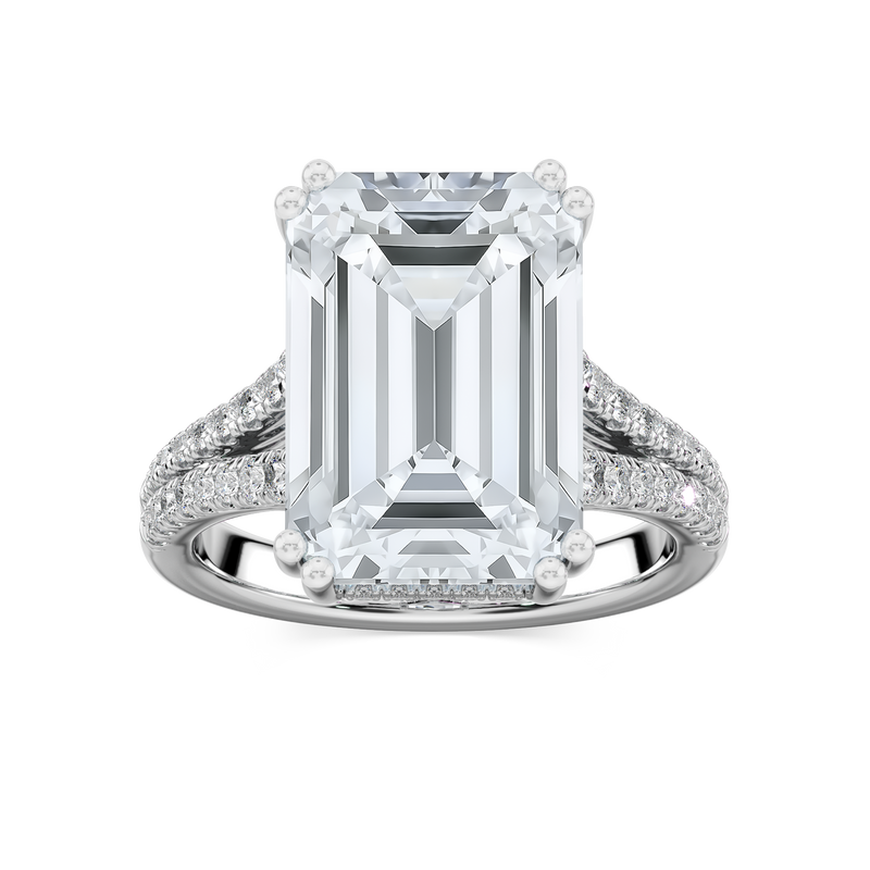 Hallie 10 ¾ ctw Emerald LGD Split Shank Side Stone Engagement Ring - Signature Collection - 14K White Gold