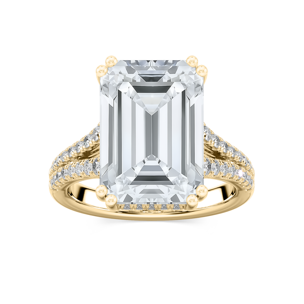 Hallie 10 ¾ ctw Emerald LGD Split Shank Side Stone Engagement Ring - Signature Collection - 14K Yellow Gold
