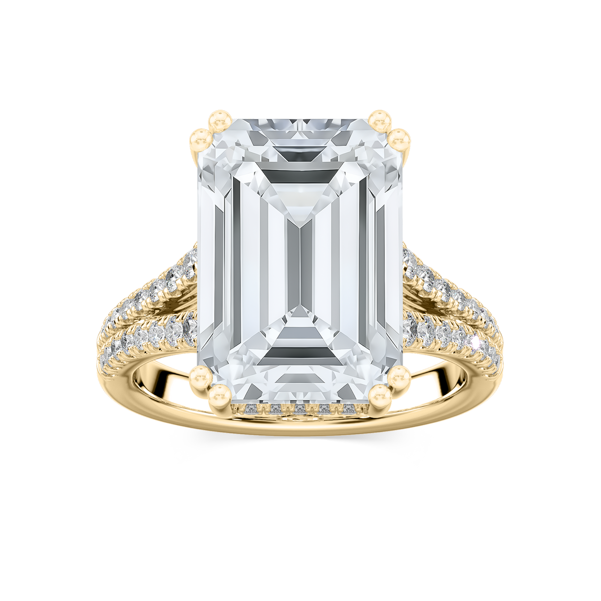 Hallie 10 ¾ ctw Emerald LGD Split Shank Side Stone Engagement Ring - Signature Collection - 14K Yellow Gold