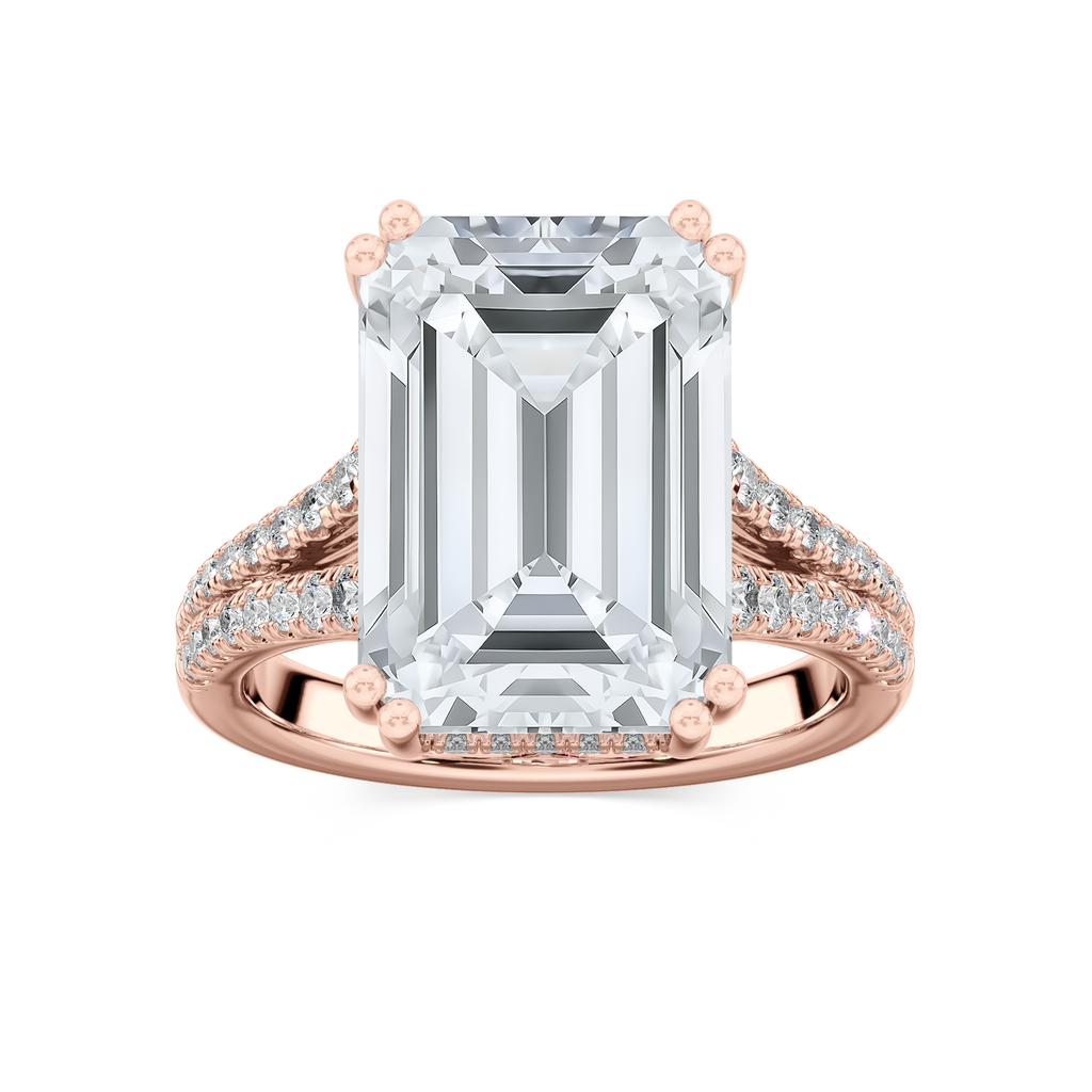 Hallie 10 ¾ ctw Emerald LGD Split Shank Side Stone Engagement Ring - Signature Collection - 14K Rose Gold