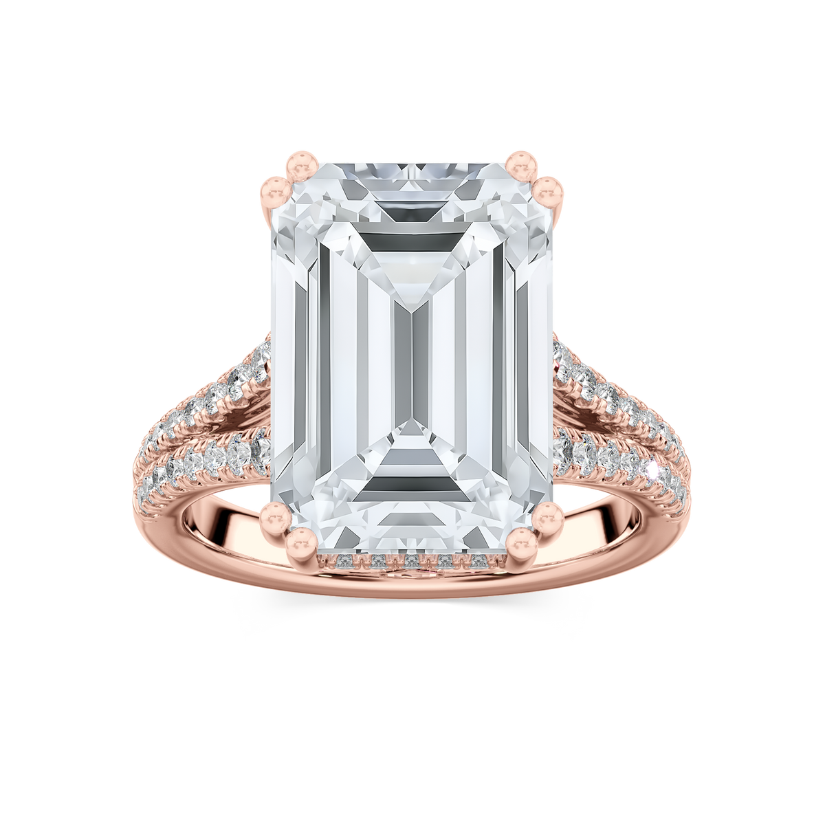 Hallie 10 ¾ ctw Emerald LGD Split Shank Side Stone Engagement Ring - Signature Collection - 14K Rose Gold