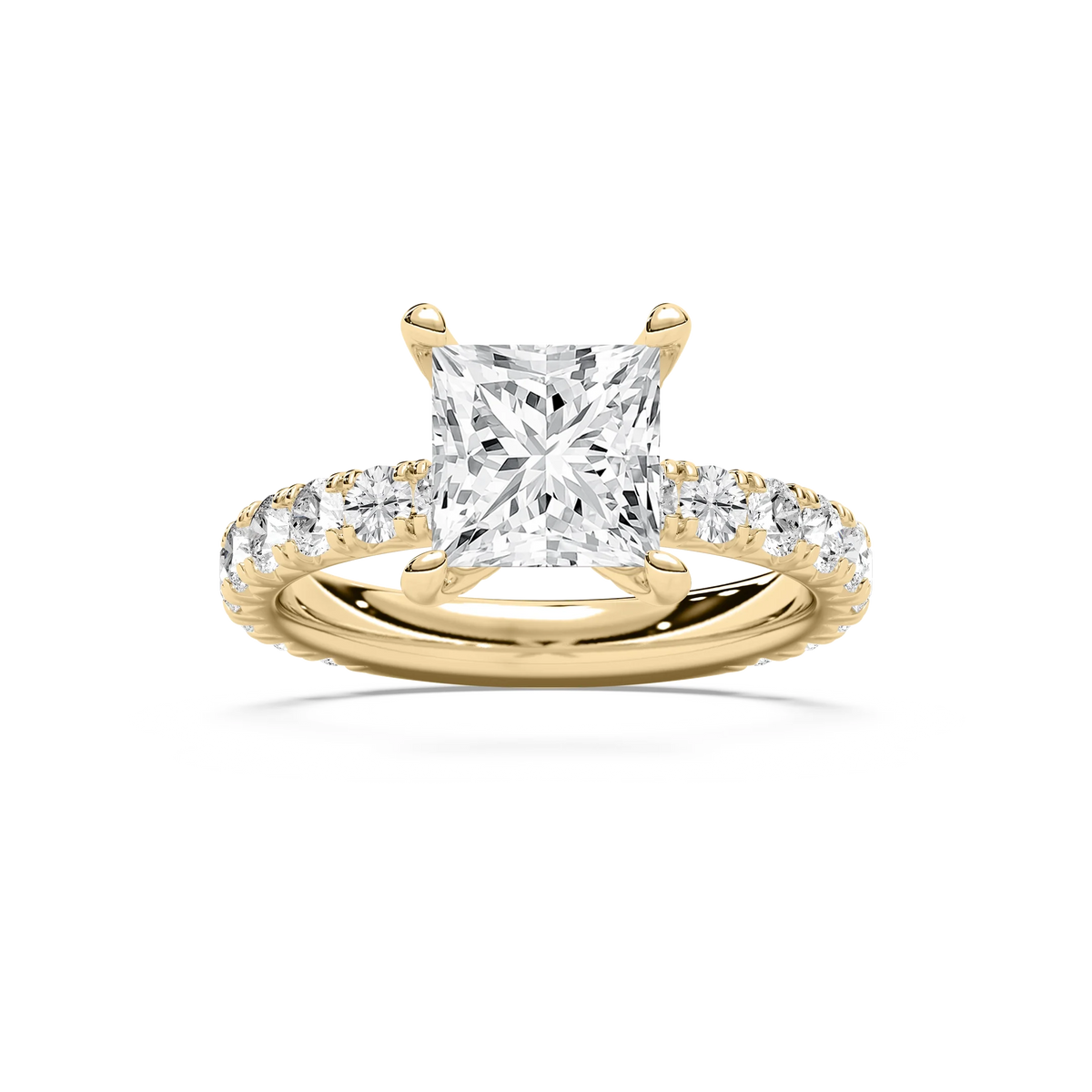 Heidi 3 ¾ ctw Princess LGD Decorative Prong Side Stone Engagement Ring - 14K Yellow Gold / F-VS2