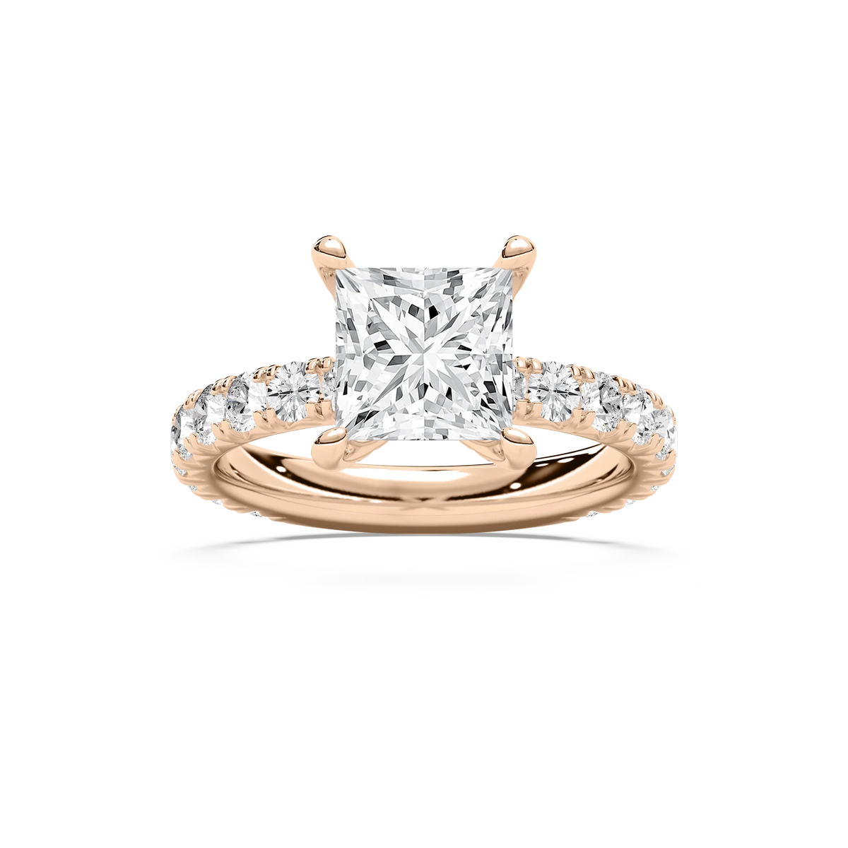 Heidi 3 ¾ ctw Princess LGD Decorative Prong Side Stone Engagement Ring - 14K Rose Gold / F-VS2