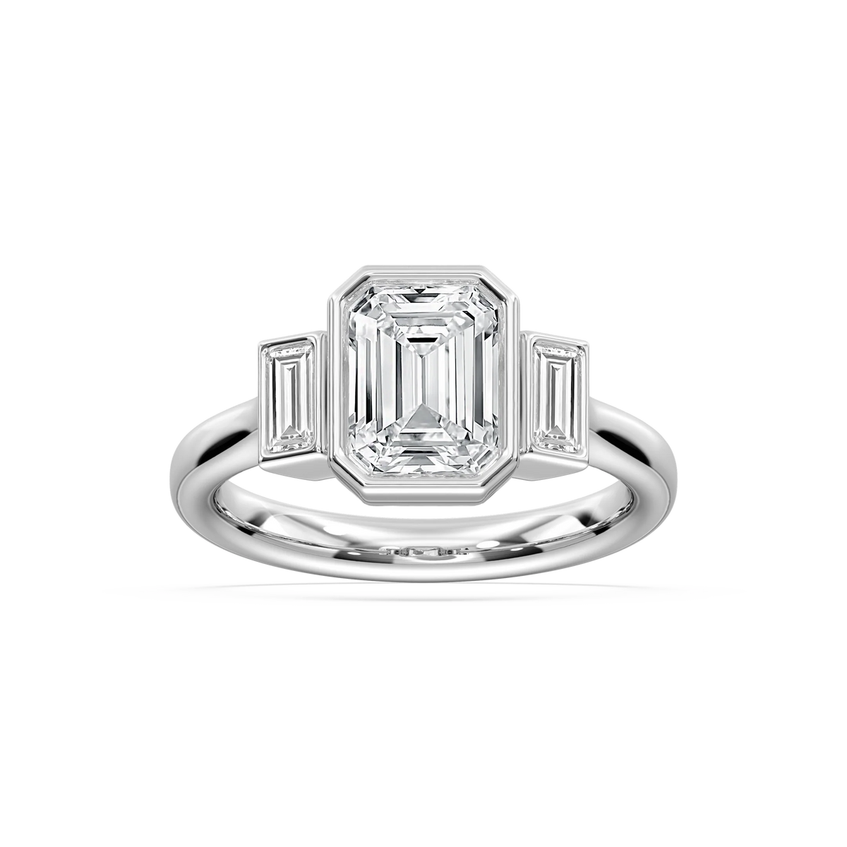 Imara 2 ½ ctw Emerald LGD Bezel Set Three Stone Engagement Ring - 14K White Gold / F-VS2