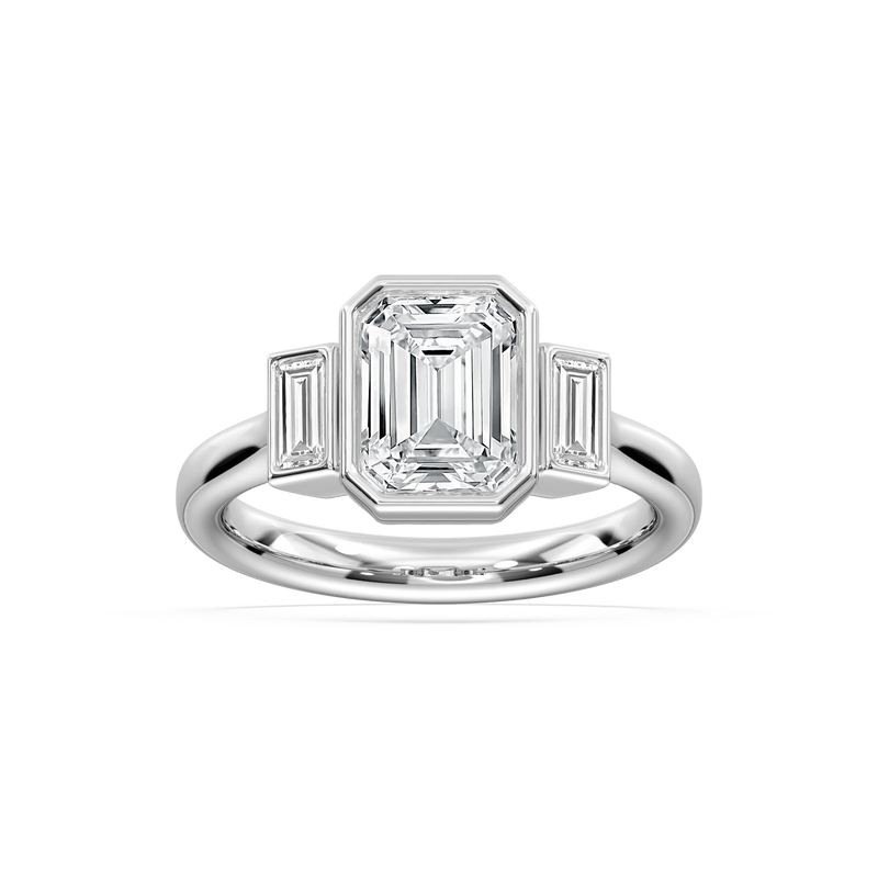 Imara 2 ½ ctw Emerald LGD Bezel Set Three Stone Engagement Ring - 14K White Gold / F-VS2