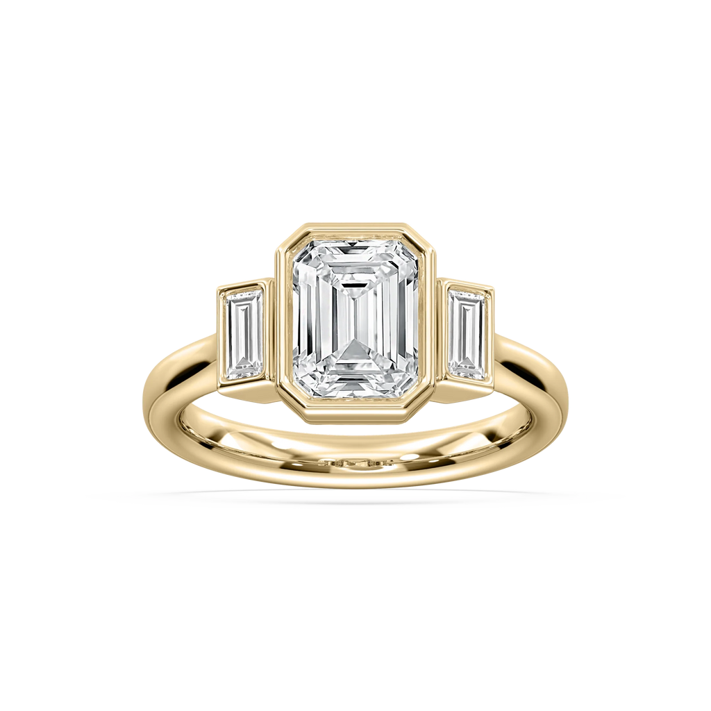 Imara 2 ½ ctw Emerald LGD Bezel Set Three Stone Engagement Ring - 14K Yellow Gold / E-VS1
