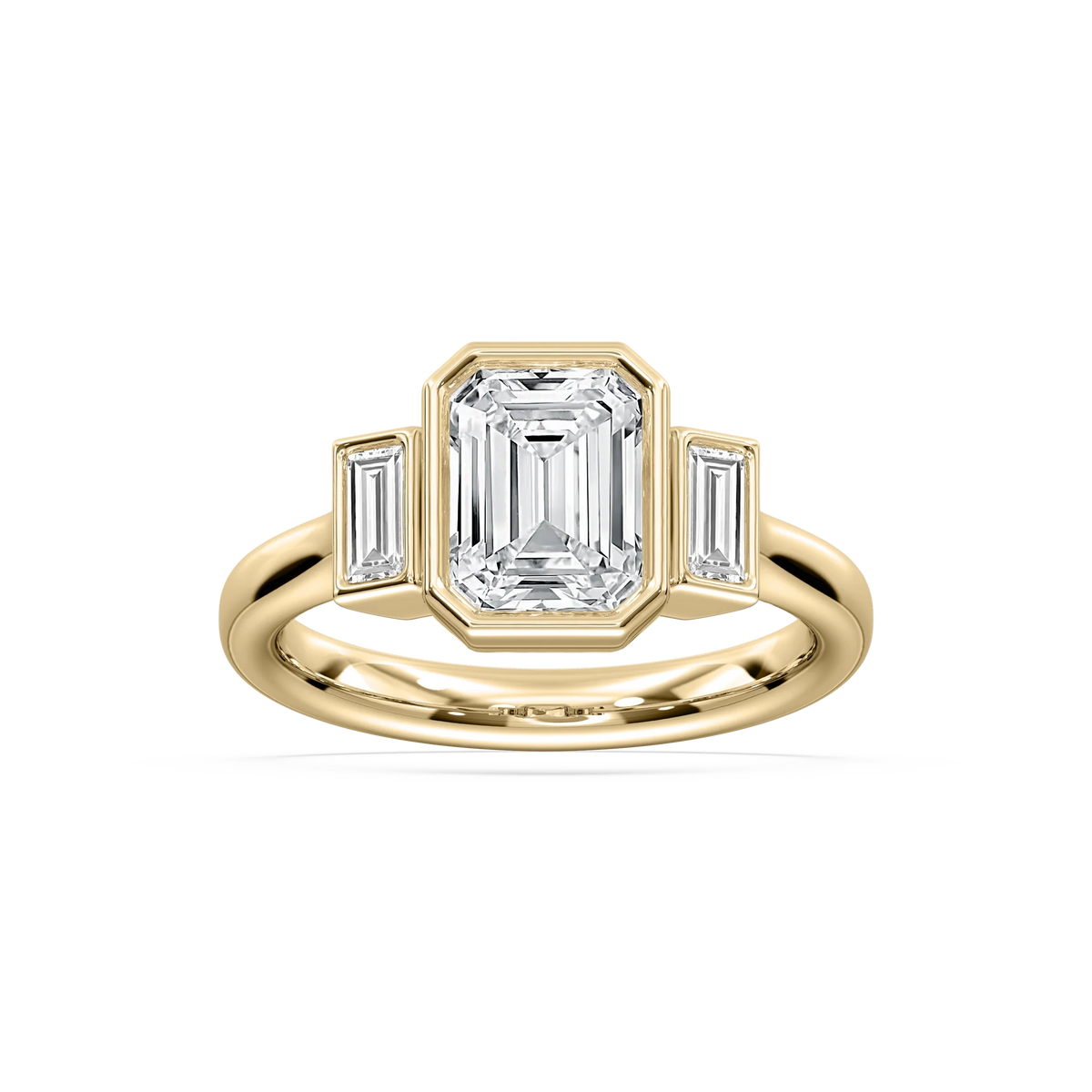 Imara 2 ½ ctw Emerald LGD Bezel Set Three Stone Engagement Ring - 14K Yellow Gold / E-VS1
