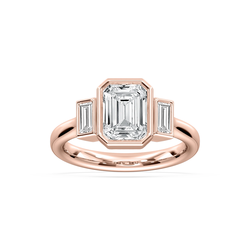 Imara 2 ½ ctw Emerald LGD Bezel Set Three Stone Engagement Ring - 14K Rose Gold / E-VS1