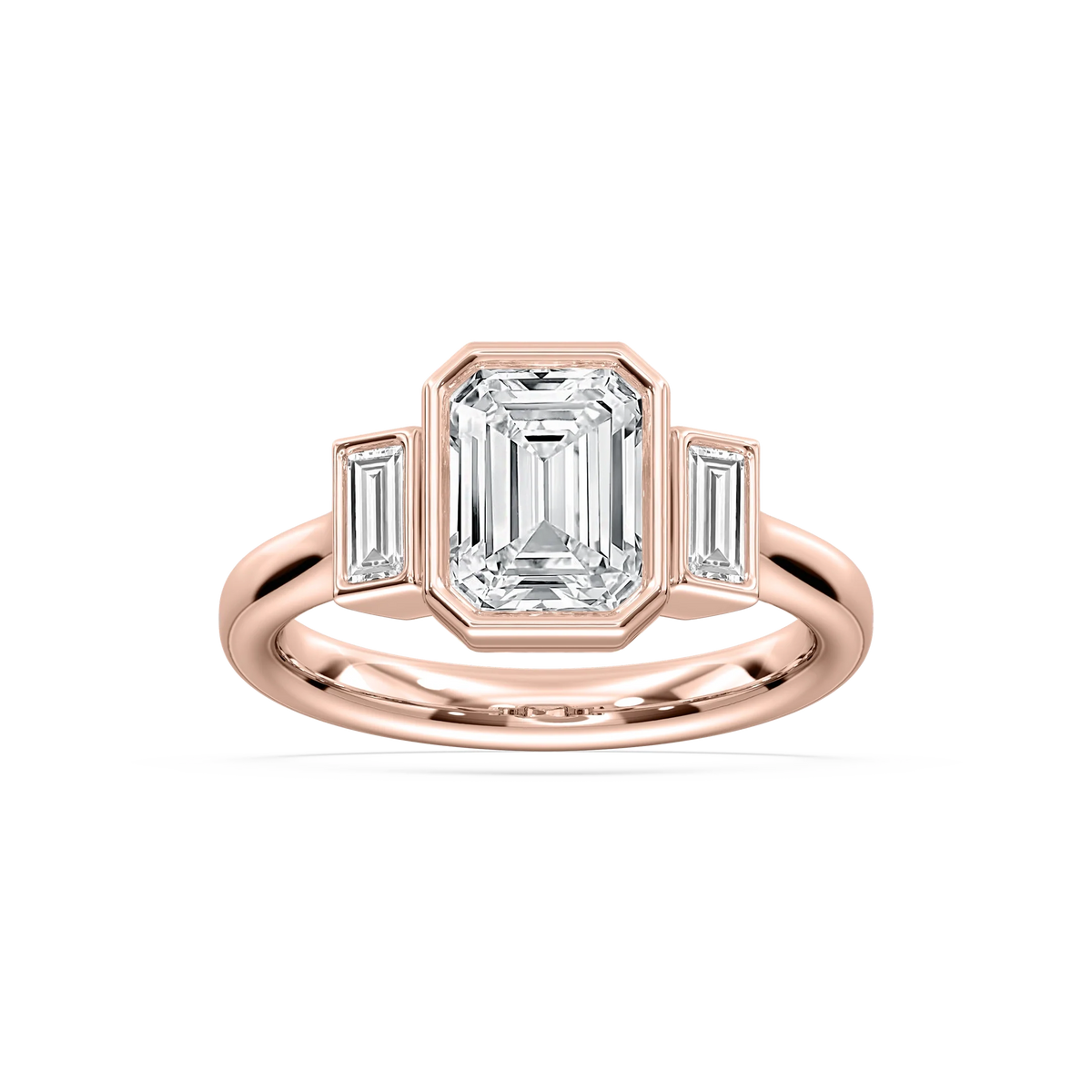 Imara 2 ½ ctw Emerald LGD Bezel Set Three Stone Engagement Ring - 14K Rose Gold / E-VS1
