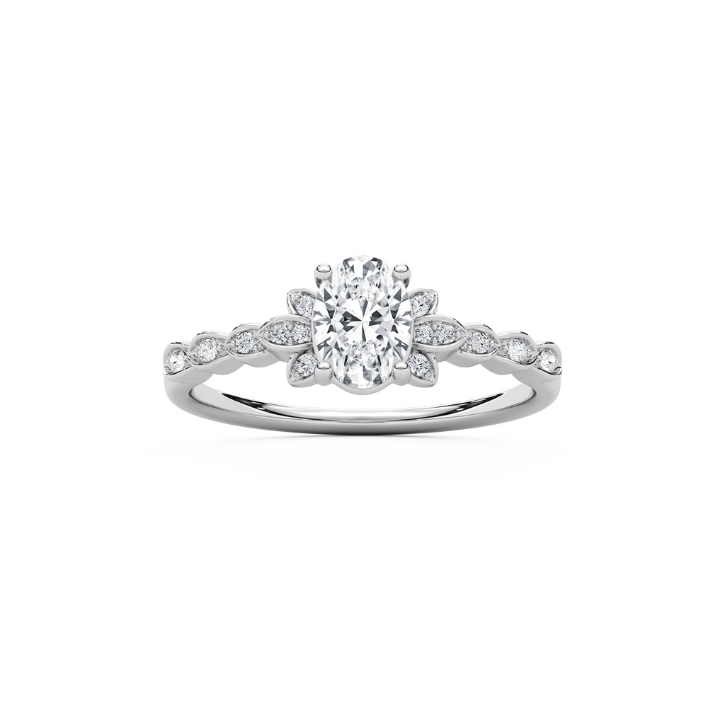 Leonie 3/4 ctw Oval LGD Petite Bezel Set Side Stone Promise Ring - 14K White Gold