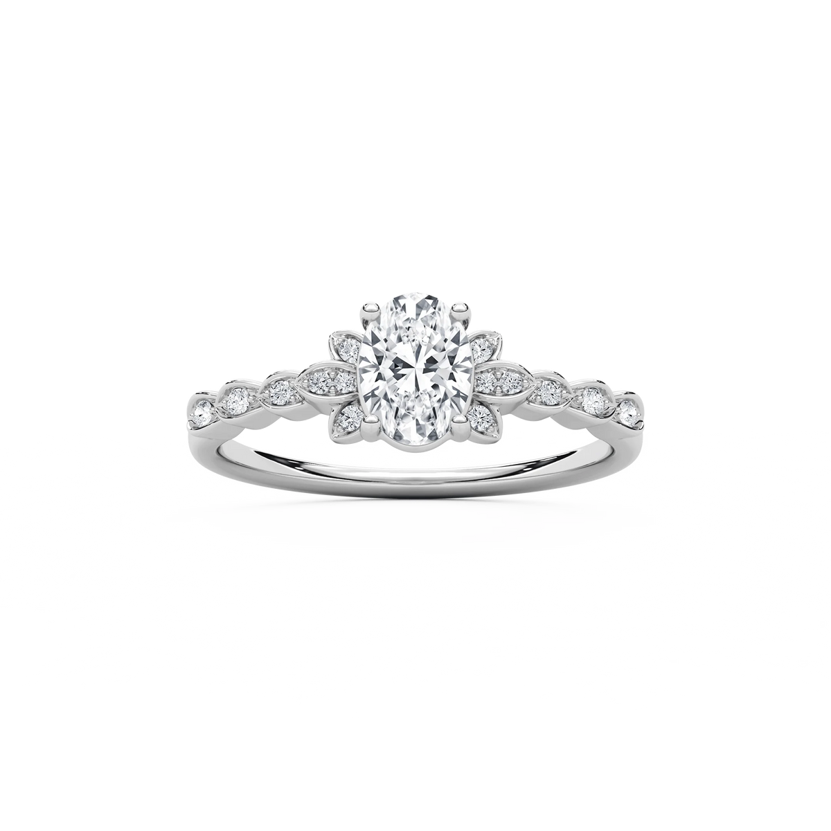 Leonie 3/4 ctw Oval LGD Petite Bezel Set Side Stone Promise Ring - 14K White Gold