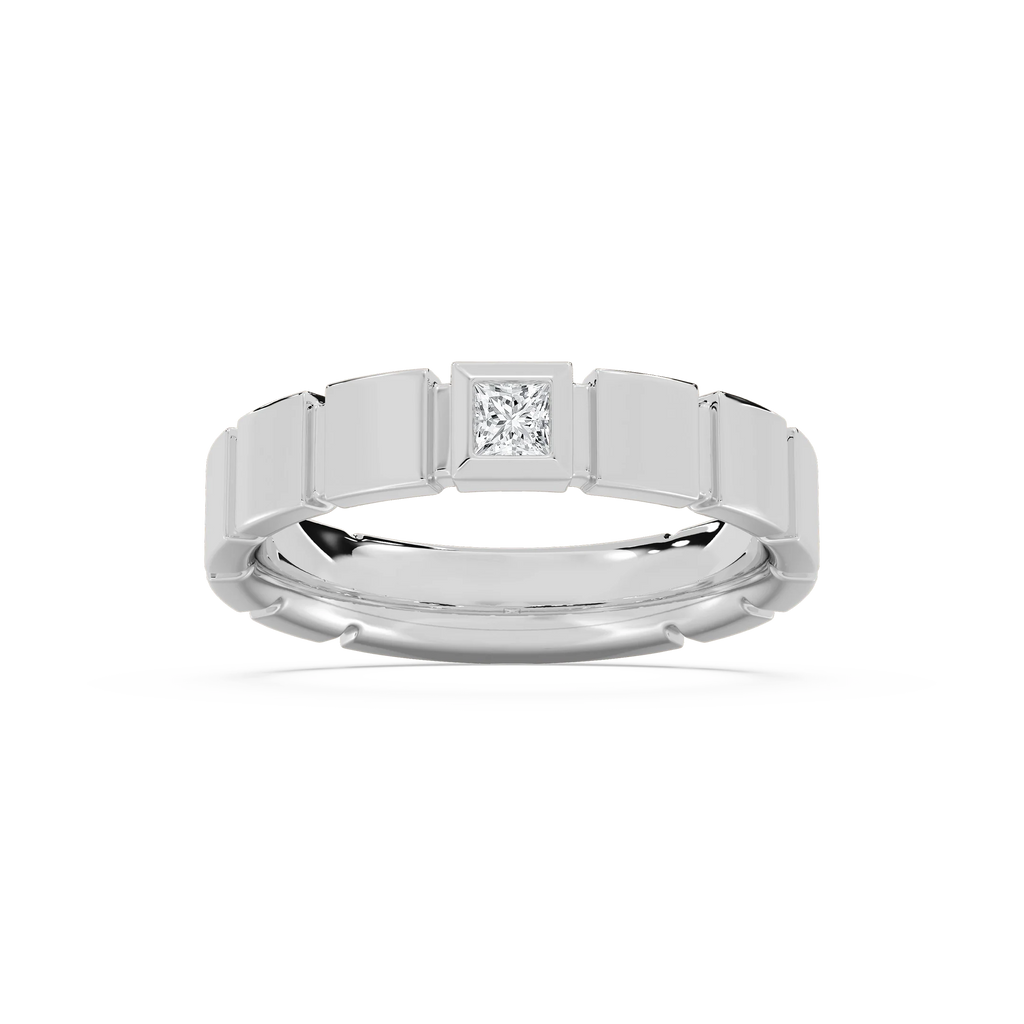 Liam 1/6 ct Princess LGD 4.80mm Bezel Mens Wedding Band - 14K White Gold