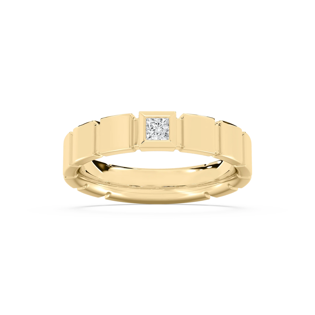 Liam 1/6 ct Princess LGD 4.80mm Bezel Mens Wedding Band - 14K Yellow Gold