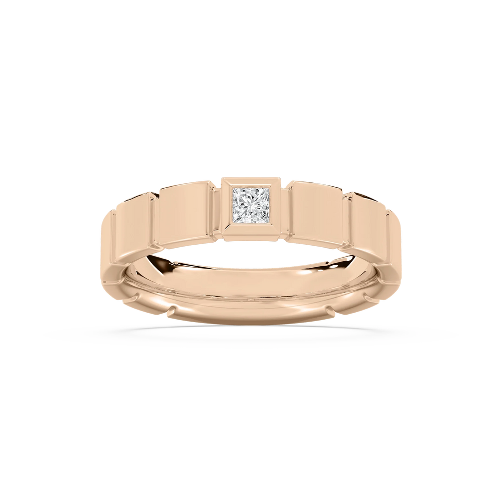 Liam 1/6 ct Princess LGD 4.80mm Bezel Mens Wedding Band - 14K Rose Gold