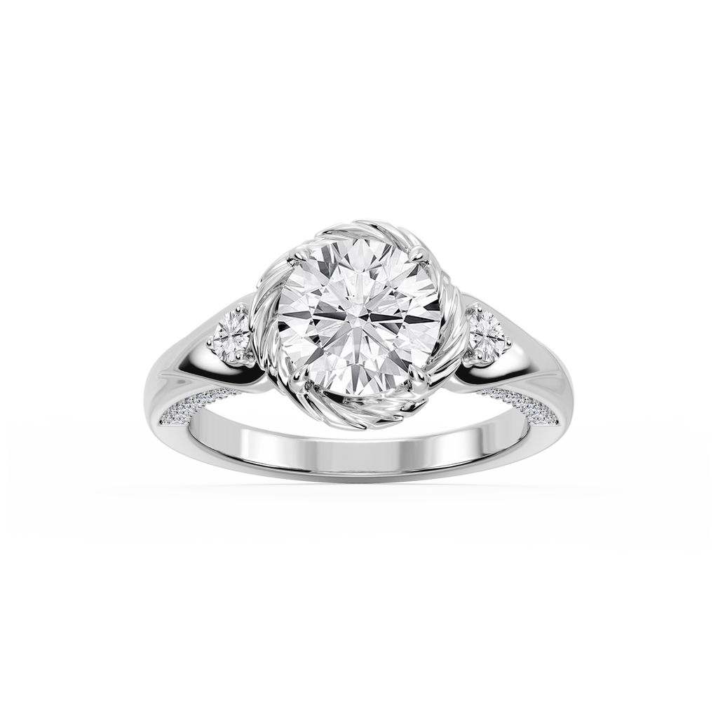 Mabel Round LGD Swirl Halo Three Stone Engagement Ring - 14K White Gold