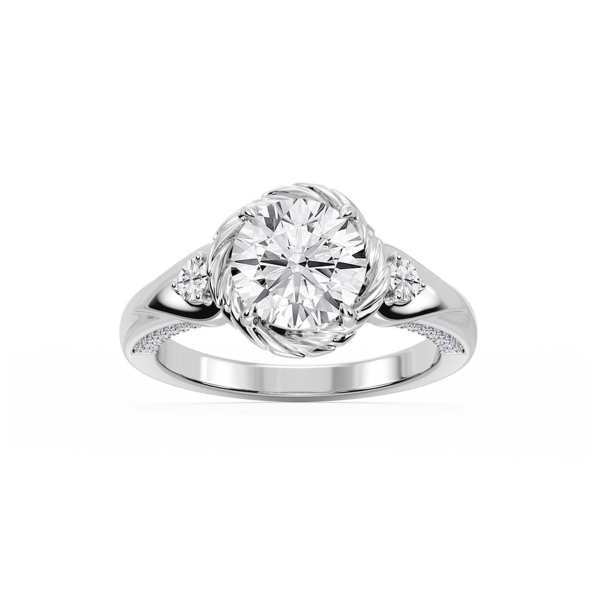 Mabel Round LGD Swirl Halo Three Stone Engagement Ring - 14K White Gold