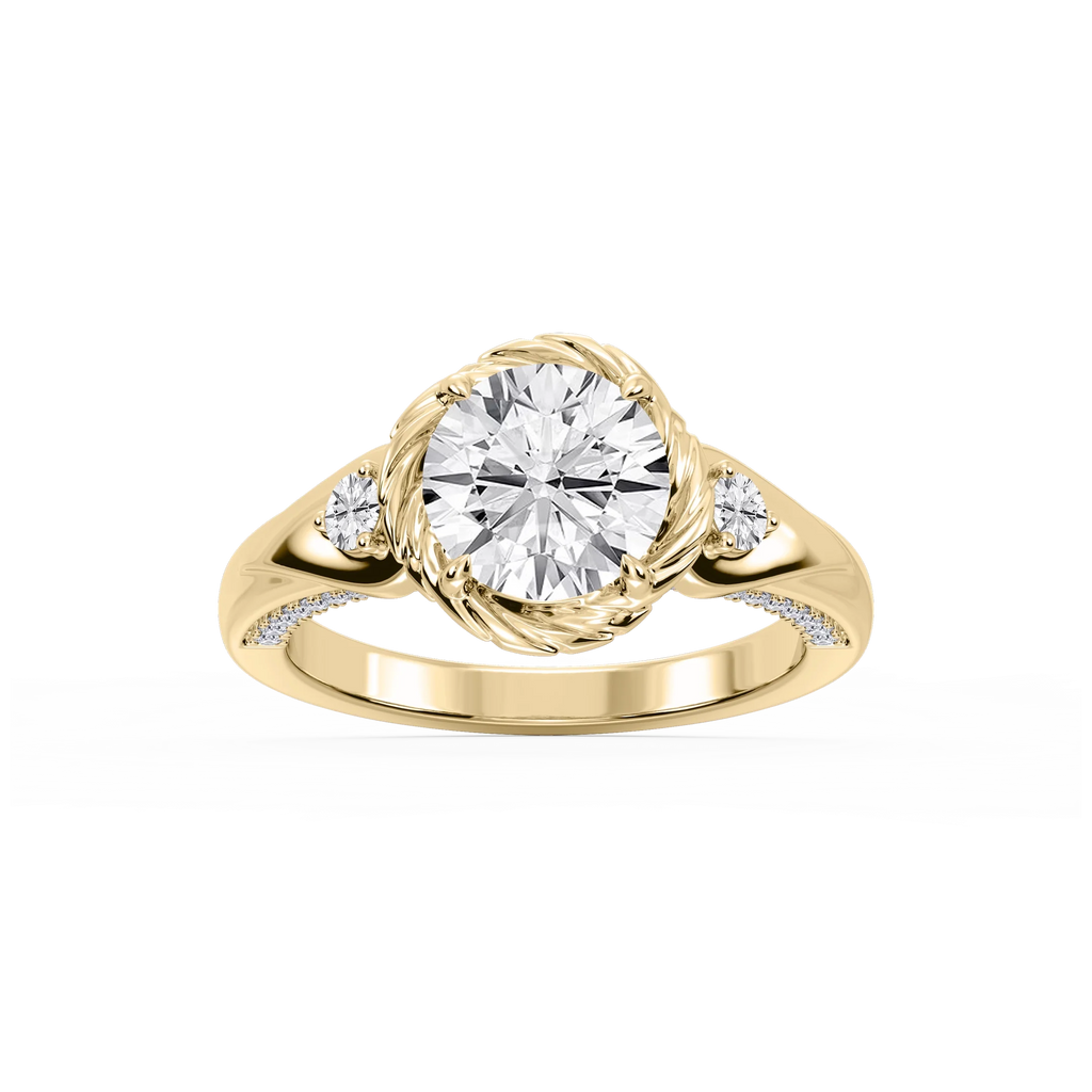 Mabel Round LGD Swirl Halo Three Stone Engagement Ring - 14K Yellow Gold