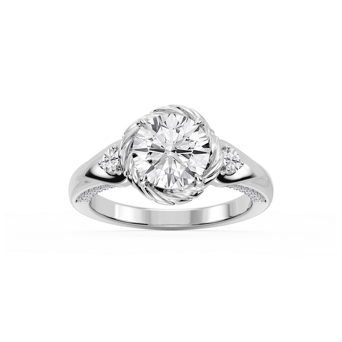 Mabel Round LGD Swirl Halo Three Stone Engagement Ring - 18K White Gold