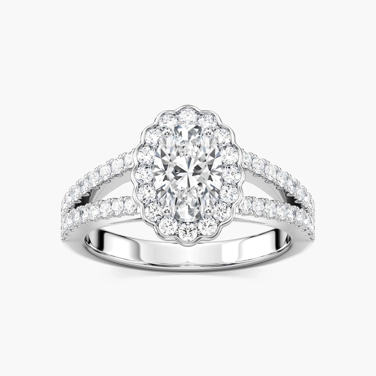 Nora Oval LGD Split Shank Antique Vintage Halo Engagement Ring - 14K White Gold