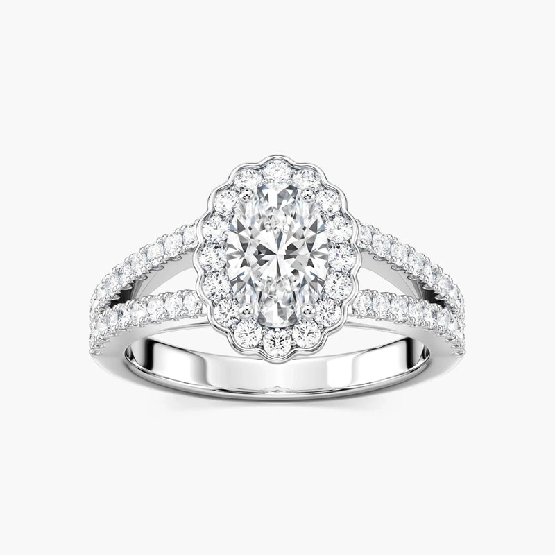Nora Oval LGD Split Shank Antique Vintage Halo Engagement Ring - 14K White Gold
