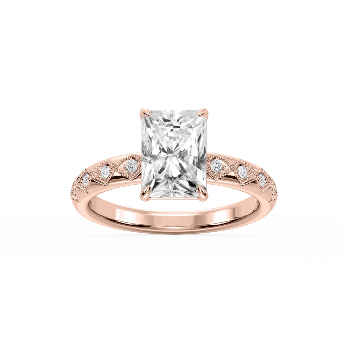 Marian Radiant LGD Accent Milgrain Side Stone Engagement Ring - 14K Rose Gold