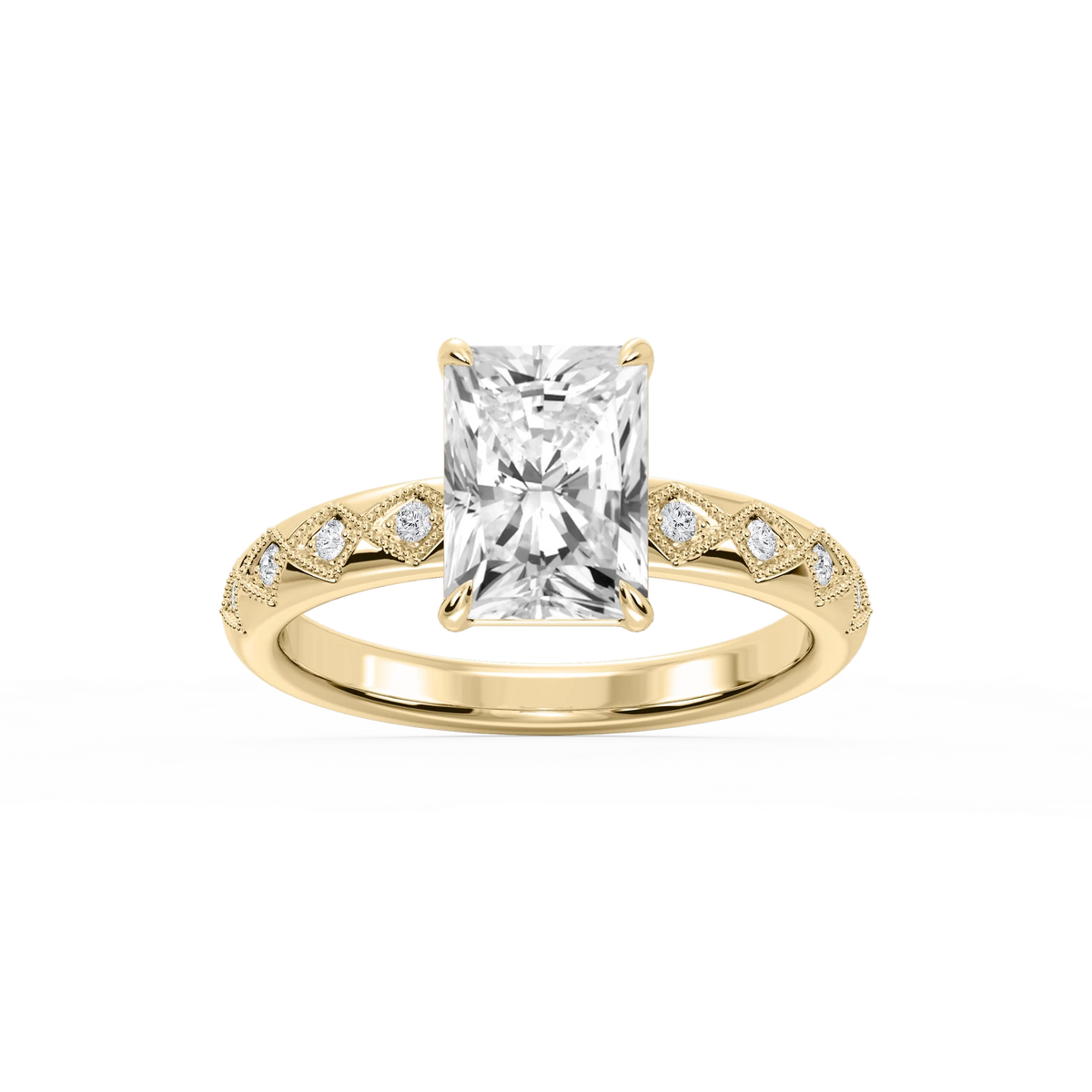 Marian Radiant LGD Accent Milgrain Side Stone Engagement Ring - 18K Yellow Gold